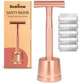 Bambaw double-edge safety razor in rose gold for a close, skin-friendly shave.