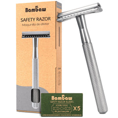 Bambaw double-edge safety razor silver ready for a close, eco-friendly shave.