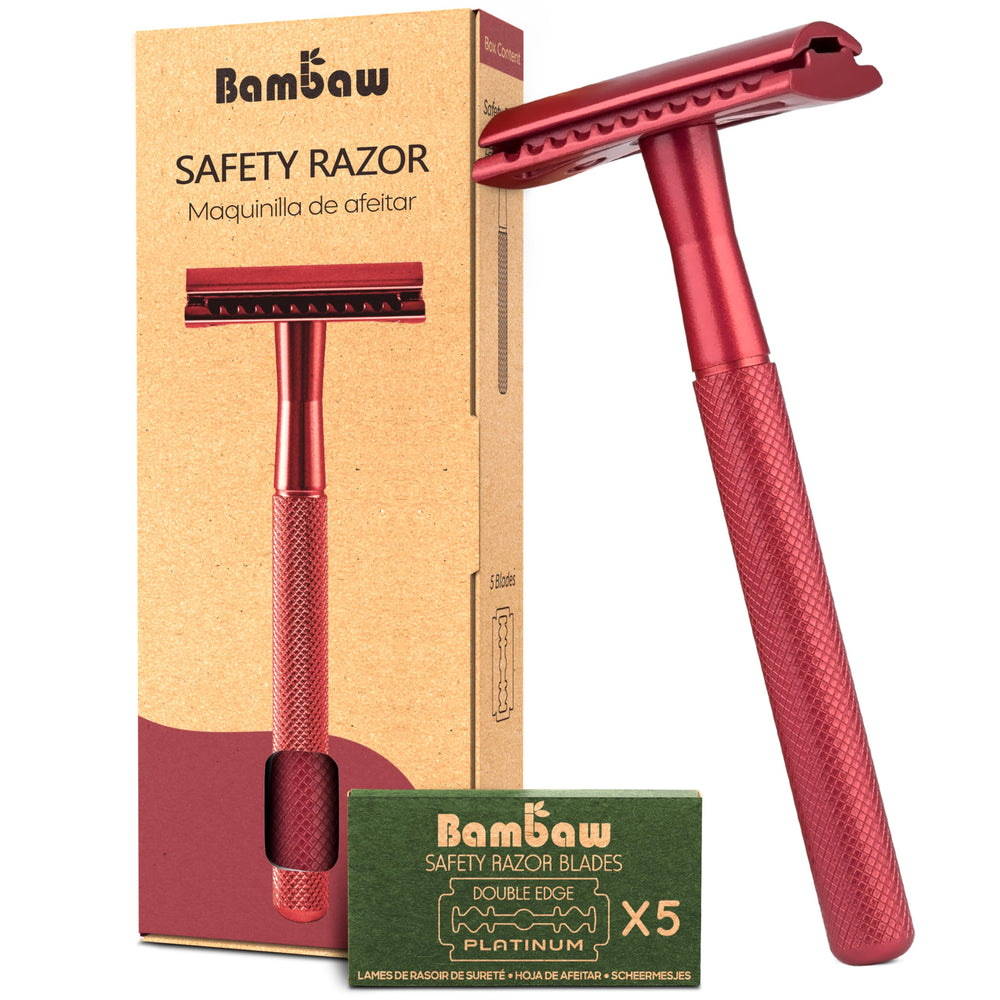 Bambaw red-handle safety razor close-up for a precise shave