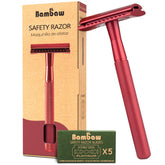 Bambaw red-handle safety razor close-up for a precise shave