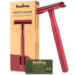 Bambaw red-handle safety razor close-up for a precise shave