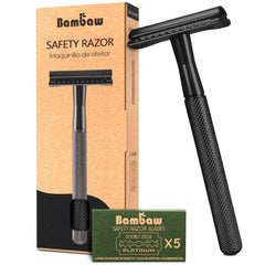 Bambaw safety razor black handle close-up showing durable metal construction for a precise shave.