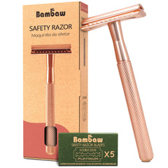 Bambaw safety razor in rose gold close-up shows premium finish for a smooth, comfortable shave