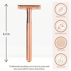 Bambaw safety razor rose gold handle detail highlights ergonomic grip for precise control