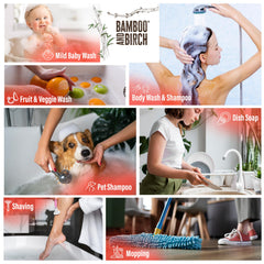 Bamboo and Birch castile soap liquid used as versatile body, face, hair, and dishes