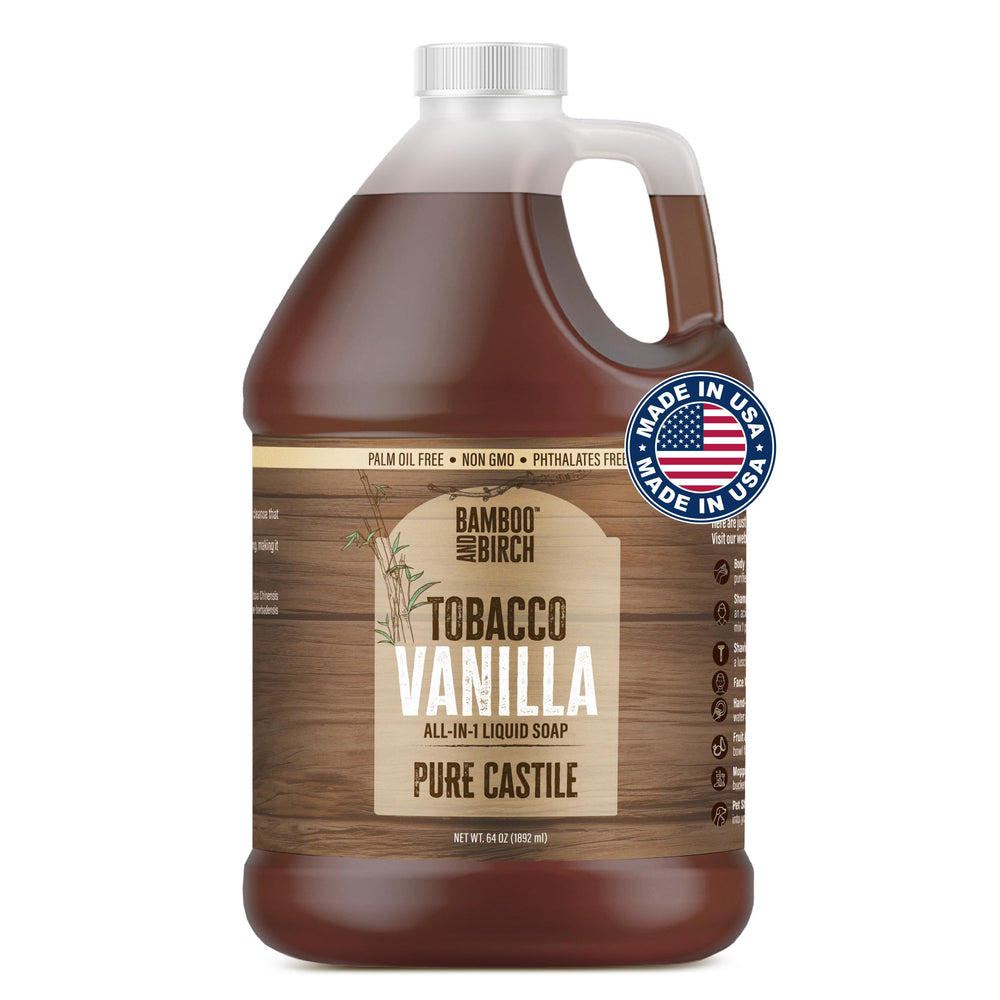 Bamboo and Birch pure castile soap liquid bottle showing 64 oz tobacco vanilla for versatile cleansing