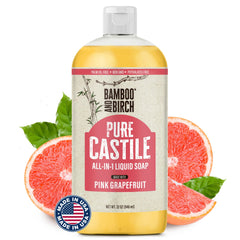 Bamboo and Birch Pure Castile Soap Liquid front bottle shows palm-free formula for gentle cleansing.