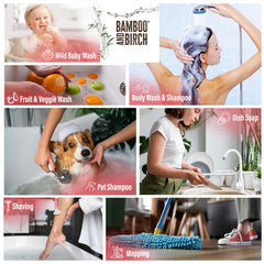 Bamboo and Birch Pure Castile Soap Liquid ingredients label highlights natural, responsibly sourced components.