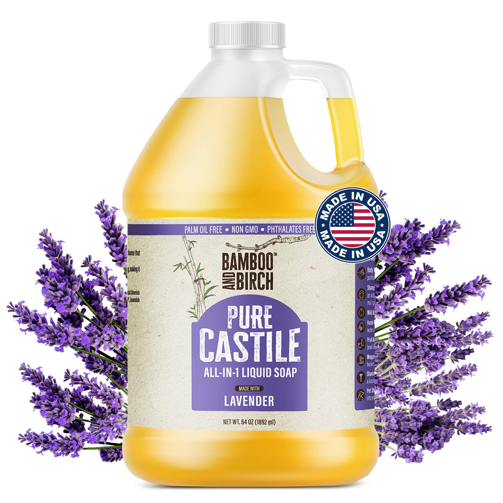 Bamboo and Birch Pure Castile Soap Liquid Lavender bottle for gentle, palm-oil-free cleansing