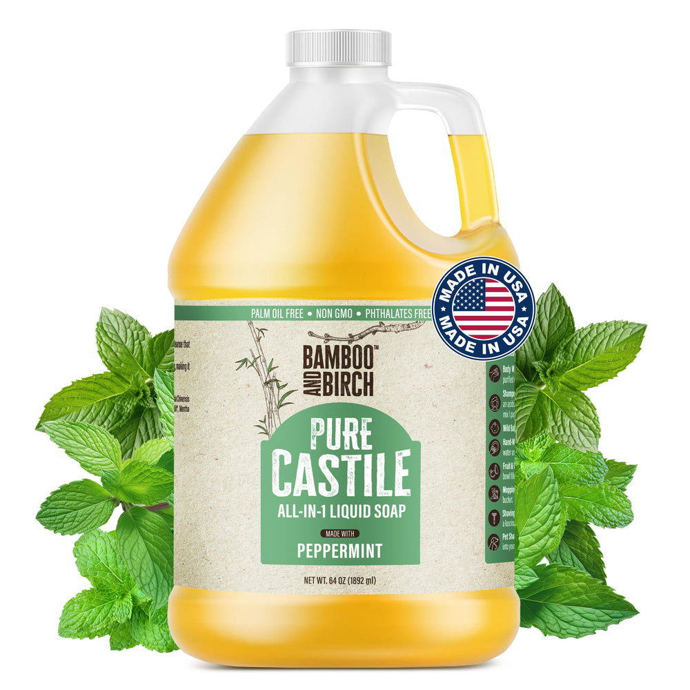 BAMBOO AND BIRCH Pure Castile Soap Liquid Peppermint bottle highlights natural, gentle cleansing for skin and hair.