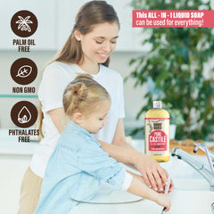 Bamboo and Birch Pure Castile Soap Liquid pour action demonstrates versatile cleansing for skin and surfaces.