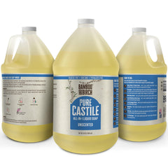 Bamboo and Birch Pure Castile Soap Unscented foaming hand image suggests gentle skin cleansing.
