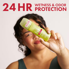 Ban Invisible Roll-On Deodorant bottle close-up reveals invisible finish on skin.