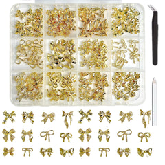 BANA ART gold bow nail charms kit shows 12 styles for versatile nail art.
