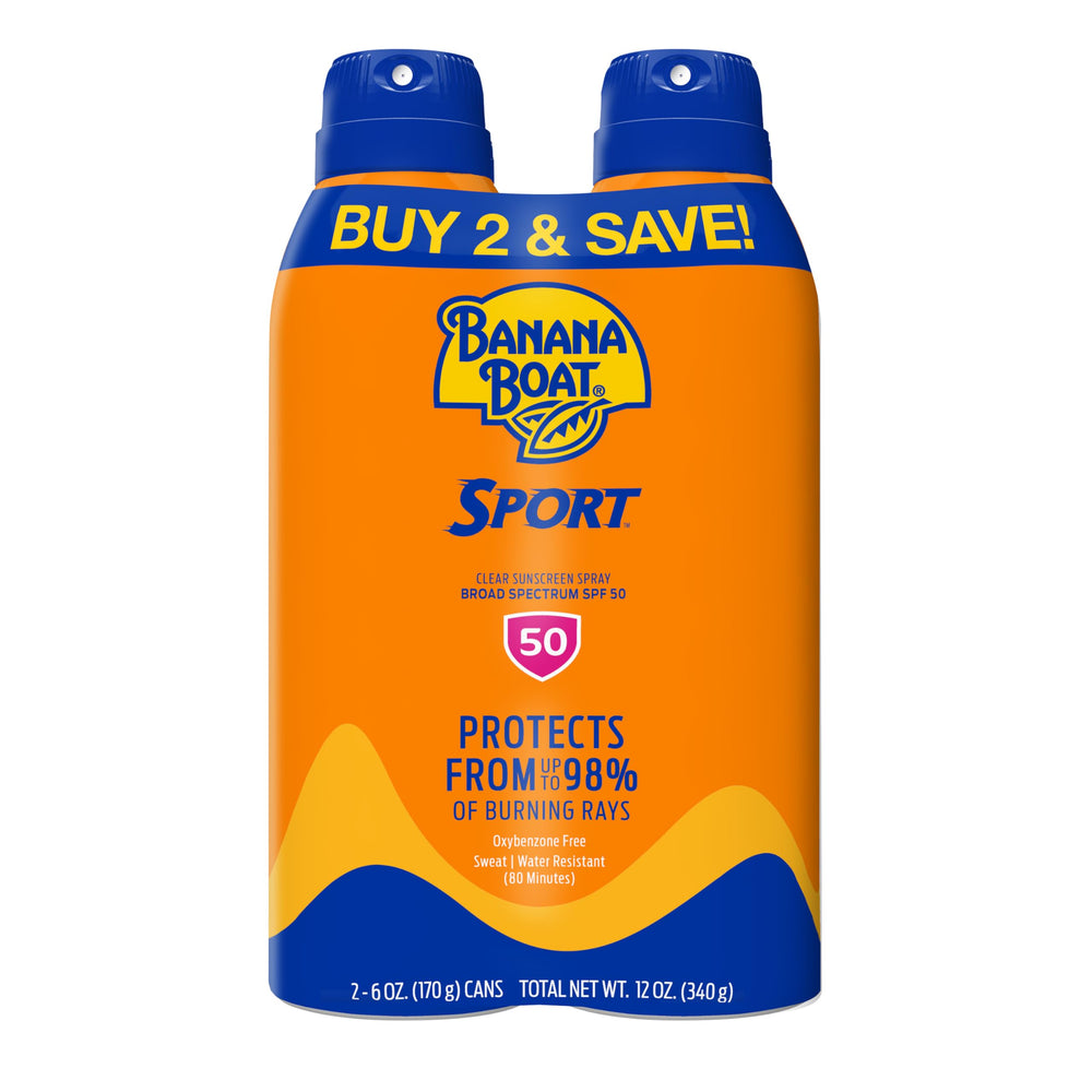 Banana Boat front packaging showing twin 6 oz cans and SPF 50 protection