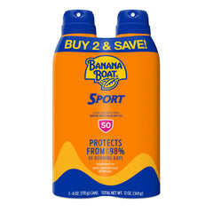 Banana Boat front packaging showing twin 6 oz cans and SPF 50 protection