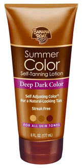 Banana Boat Summer Color self tanning lotion bottle demonstrates shade development for a sunless tan.