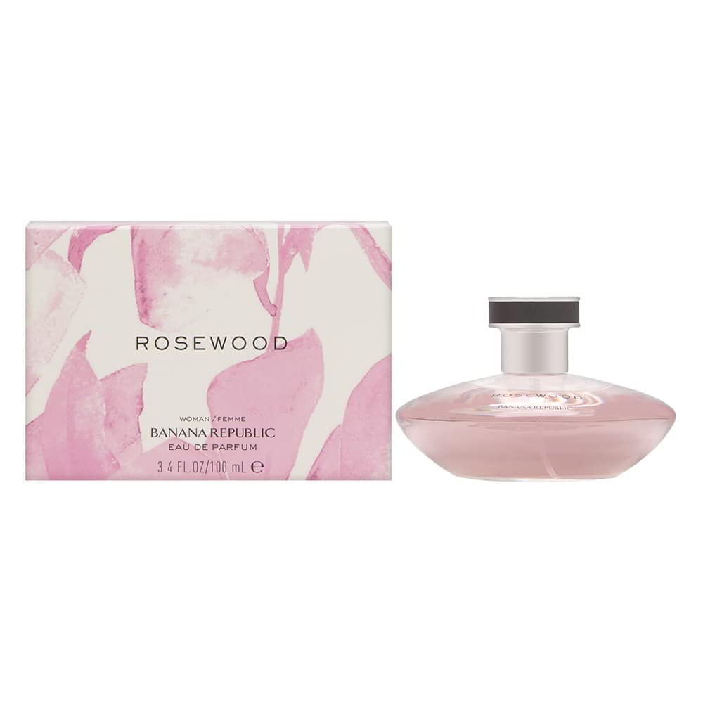 Banana Republic Rosewood bottle closeup for daily wear fragrance and premium packaging.