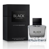 Banderas Antonio Black Seduction bottle front showcases an elegant amber-woody scent for evening wear.