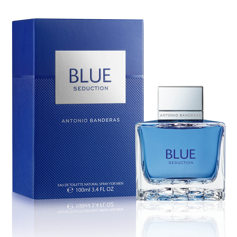 Banderas Blue Seduction bottle front view for everyday fresh, versatile male fragrance