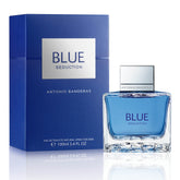 Banderas Blue Seduction bottle front view for everyday fresh, versatile male fragrance