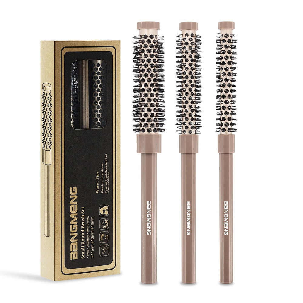 Bangmeng 3-piece round brush set packaging close-up for on-the-go styling