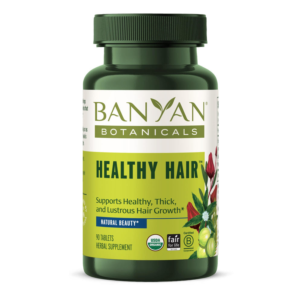 Banyan Botanicals Healthy Hair Tablets bottle front for natural hair support.