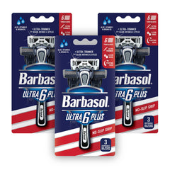 Barbasol Ultra 6 Plus with UltraTrimmer 7th blade for precise edging.