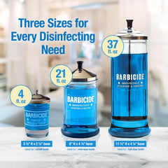 BARBICIDE disinfecting jar shows stainless cap and basket for safe tool handling.
