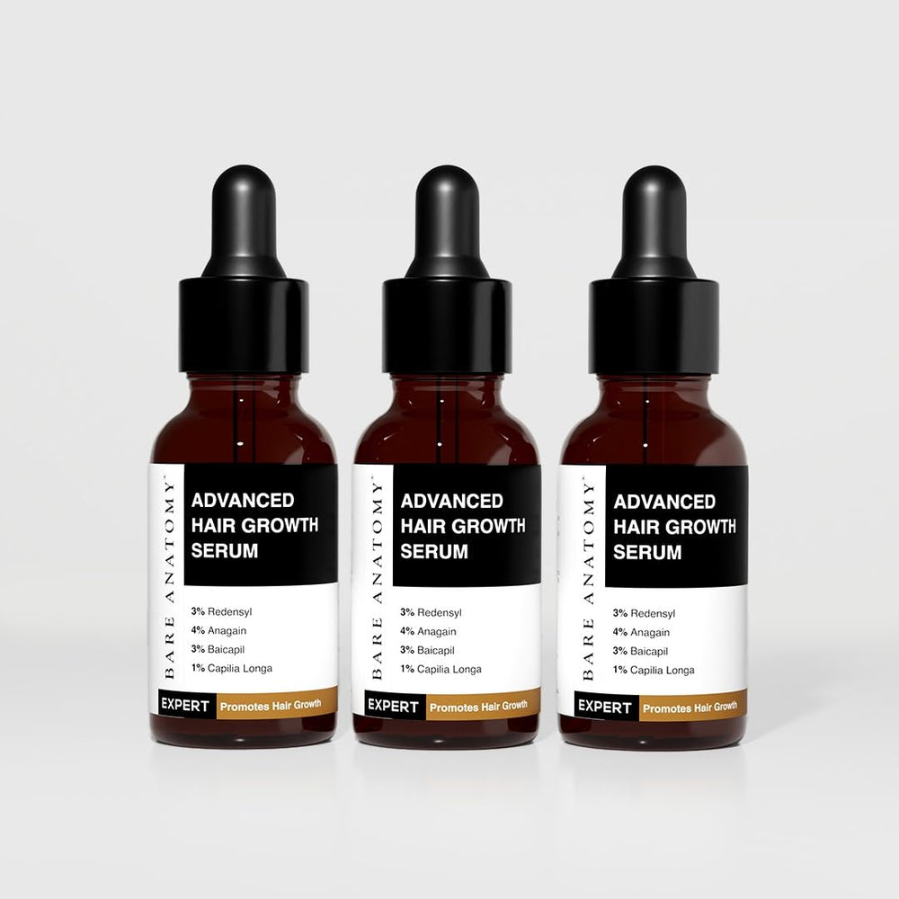 Bare Anatomy advanced hair growth serum bottle pour for precise scalp application