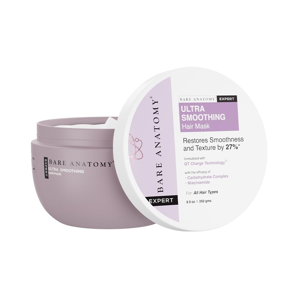 Bare Anatomy Ultra Smoothing Hair Mask jar close-up showing silky hair potential