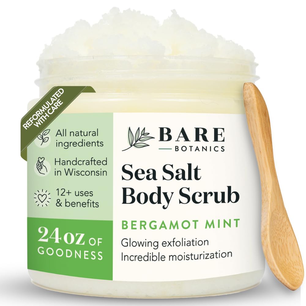 Bare Botanics Bergamot Mint Scrub jar closeup showing natural exfoliation for radiant skin.