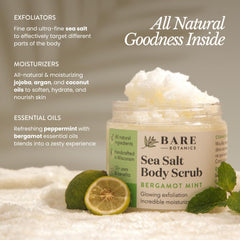 Bare Botanics Bergamot Mint Scrub wooden spoon signals artisanal, gift-ready packaging.
