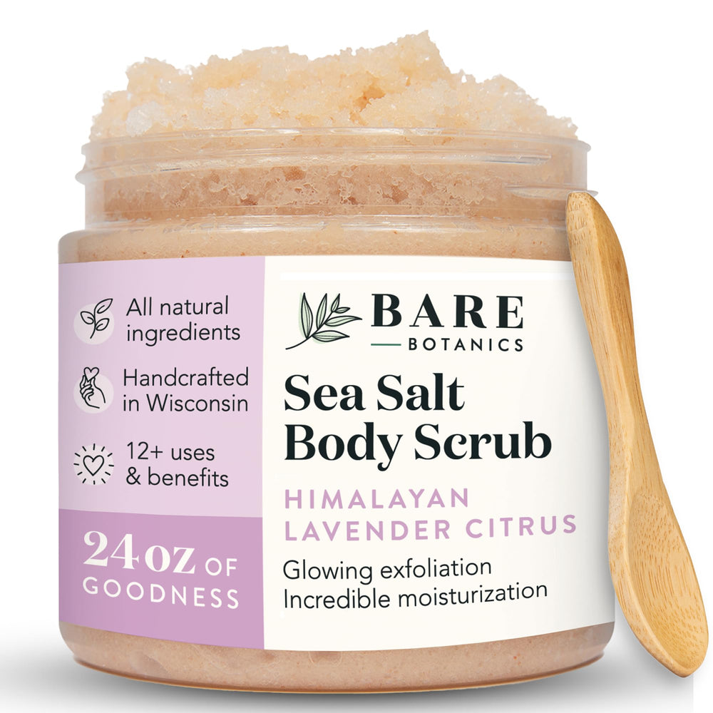Bare Botanics body scrub jar closeup showing rich exfoliation for radiant skin.