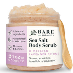 Bare Botanics body scrub jar closeup showing rich exfoliation for radiant skin.