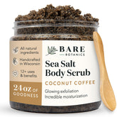 Bare Botanics coconut coffee scrub jar showing exfoliating sea salt and coffee aroma.