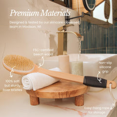 Bare Botanics back-scrubber with 17-inch reach helps access hard-to-reach areas.