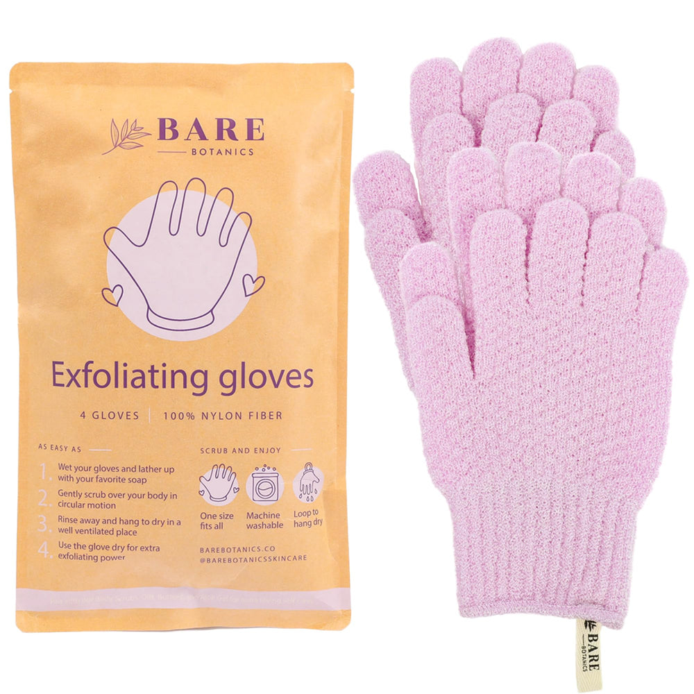 Bare Botanics lavender exfoliating gloves four-pack packaging for deep cleansing and skin renewal