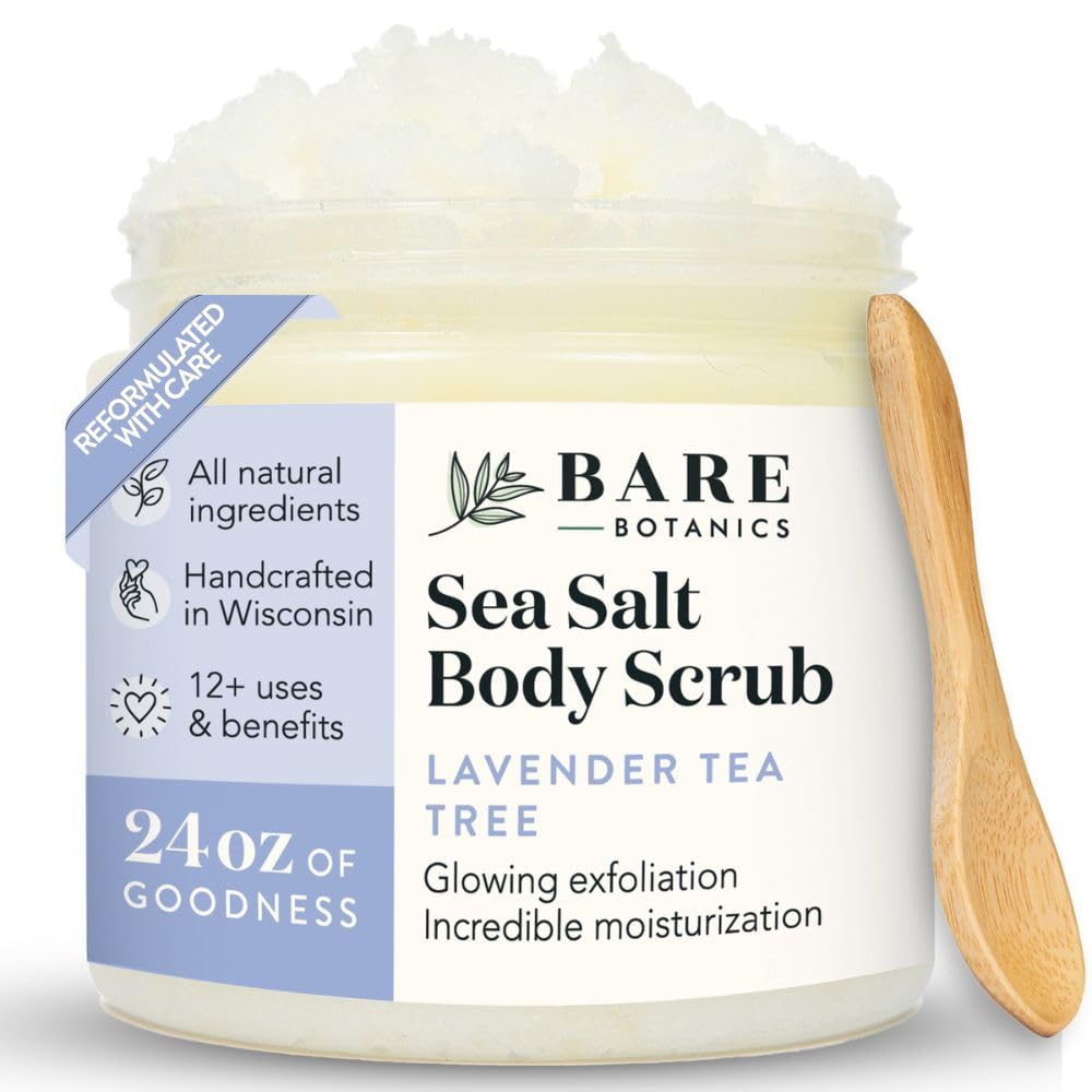 Bare Botanics Lavender Tea Tree Scrub jar provides gentle exfoliation for radiant skin.