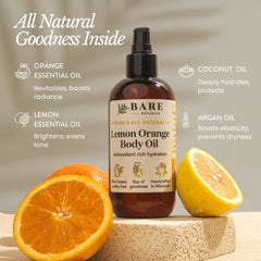 Bare Botanics lemon orange body oil body application on arms and legs for radiant skin