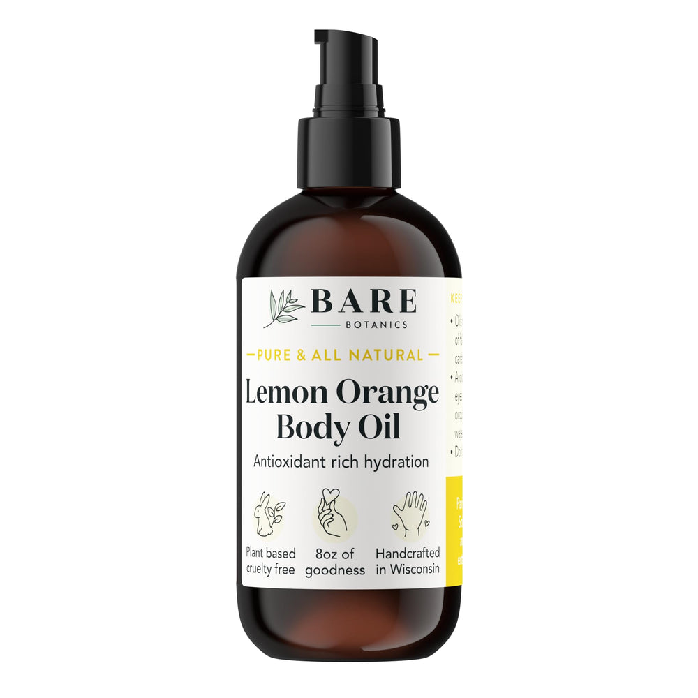 Bare Botanics lemon orange body oil bottle delivers deep hydration for smooth skin