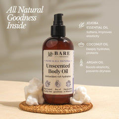 Bare Botanics unscented body oil after-shower glow on damp skin.