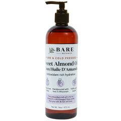 Bare Botanics sweet almond oil 16oz bottle with quick, deep hydration for skin and hair.
