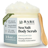 Bare Botanics unscented body scrub jar with sea salt exfoliation for smoother skin.