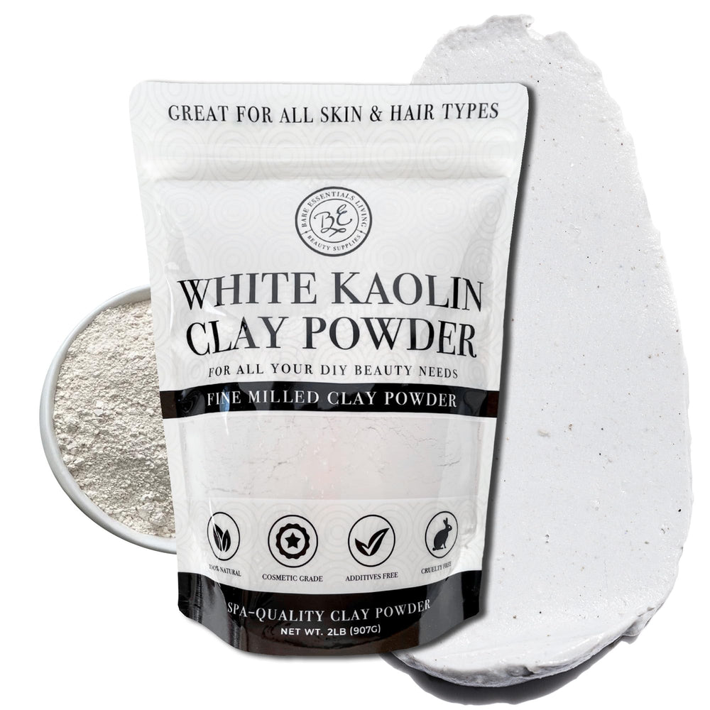 Bare Essentials Living white kaolin clay powder packaging for bulk DIY projects.