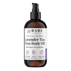 BARE BOTANICS lavender tea tree oil bottle with calming aroma for skin hydration.
