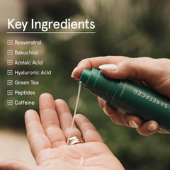 Barefaced Overachiever resveratrol-green-tea blend indicating antioxidant protection and soothing benefits.