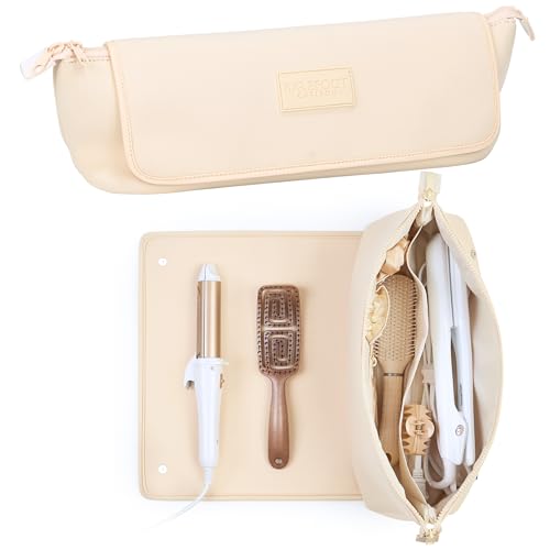 Barefoot Caribou travel bag ivory front view showing compact storage for styling tools.