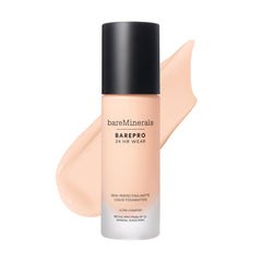 bareMinerals Barepro bottle closeup shows sleek packaging and long-lasting matte coverage