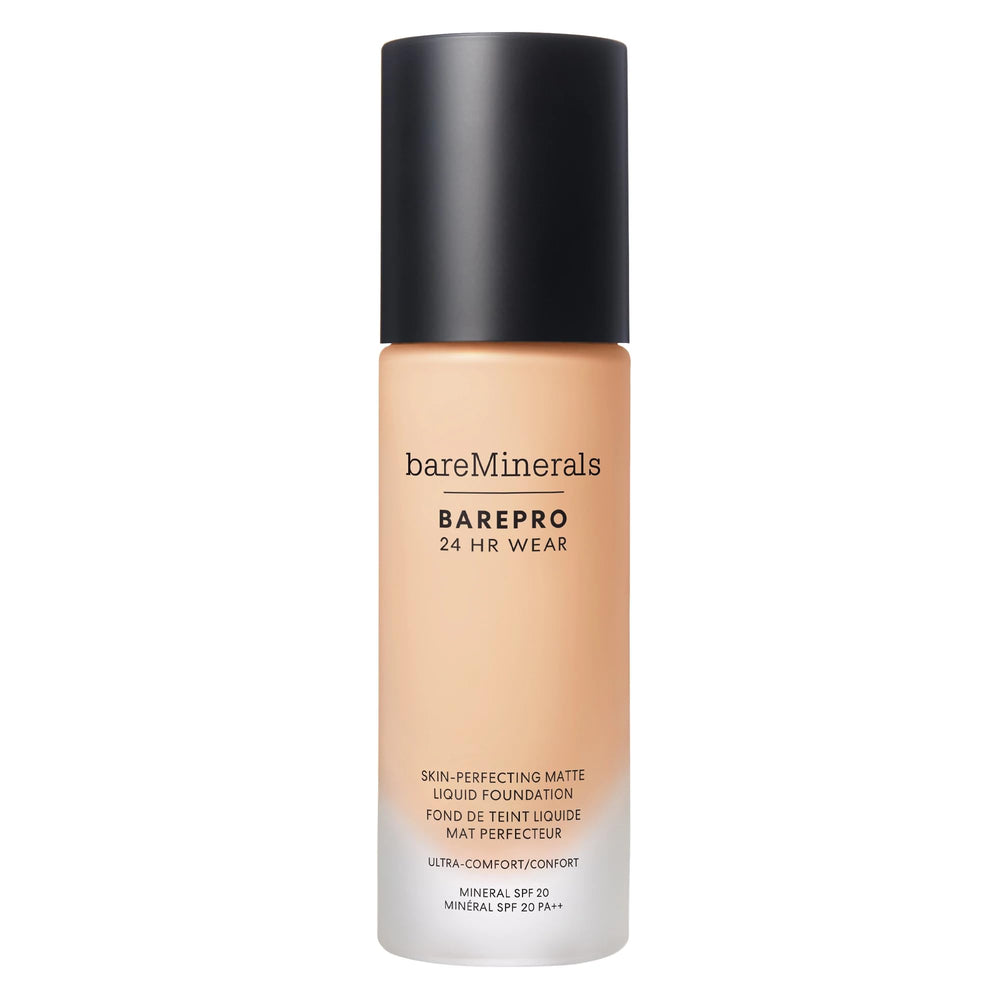 bareminerals Barepro 24HR Wear Matte Foundation bottle shows long-wear coverage for a flawless look